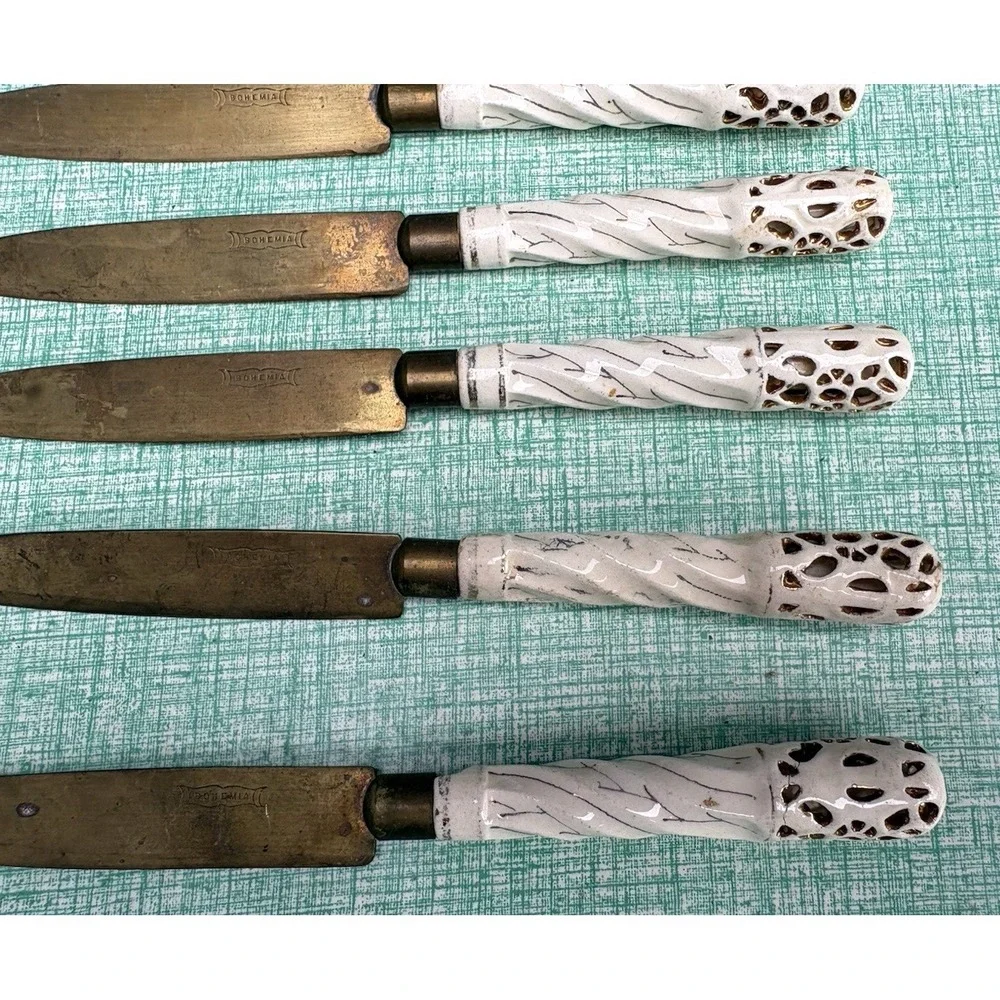 Vintage set of 6 bronze blade fruit knives Bohemia pierced porcelain handles